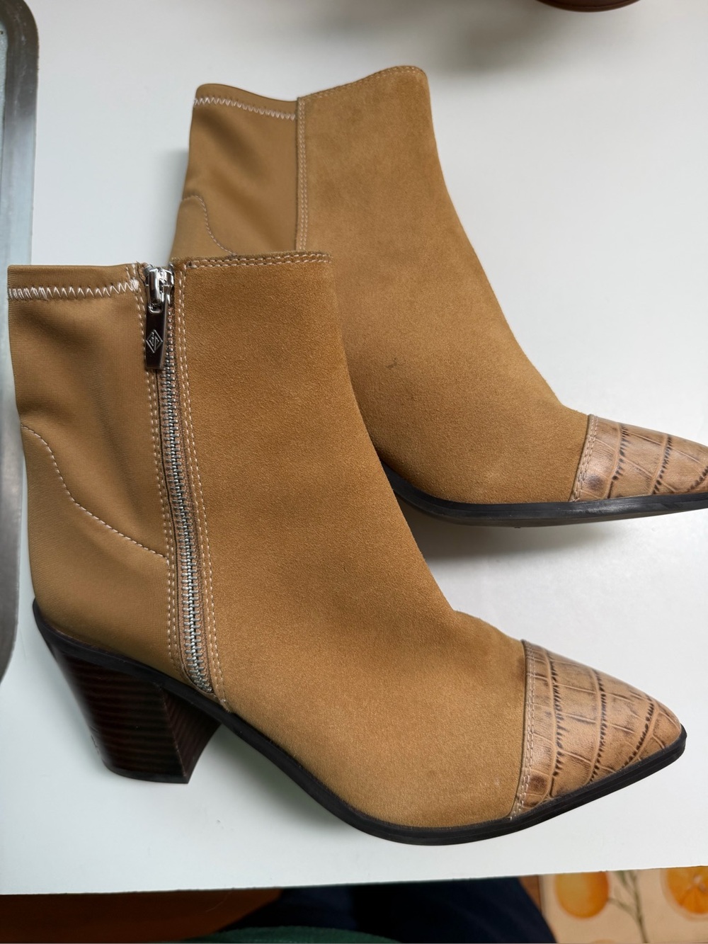 Donald Pliner Waldon Caramel Suede & Snakeskin Cap Toe Booties - Size 8M